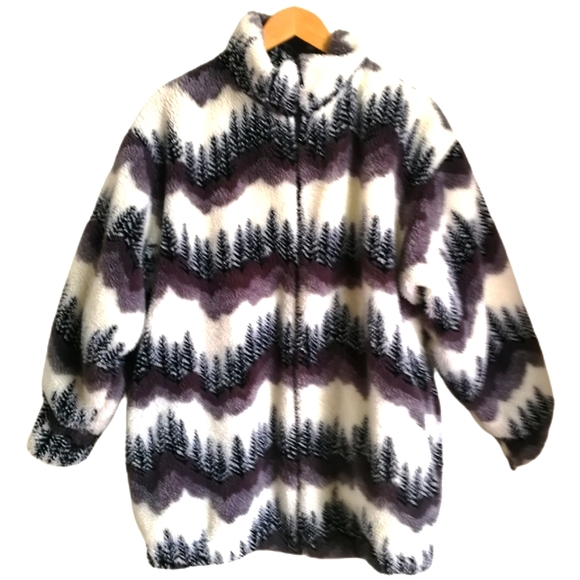Vintage Jackets & Blazers - VINTAGE Y2K Black & White Polar Tree Print Fleece Cotton Coat Size Extra-Large